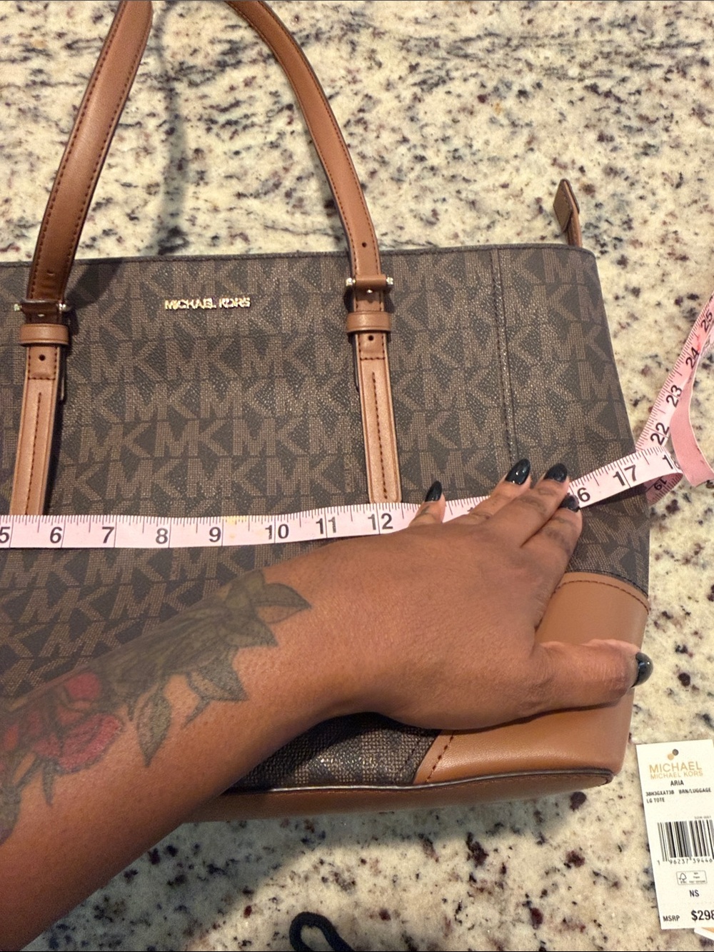 Michael Kors Aria Brown Logo Tote with Tan Trim and Gold Logo - Picture 13 of 16